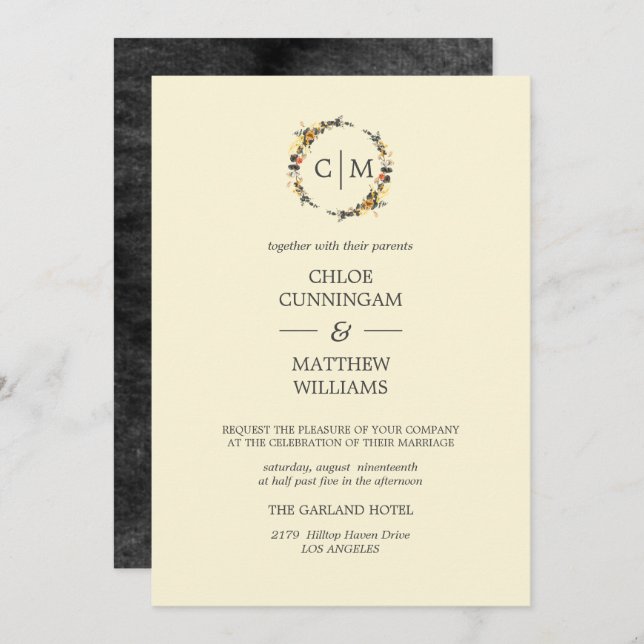 Autumn Wreath | Modern Monogram Wedding Invitation (Front/Back)