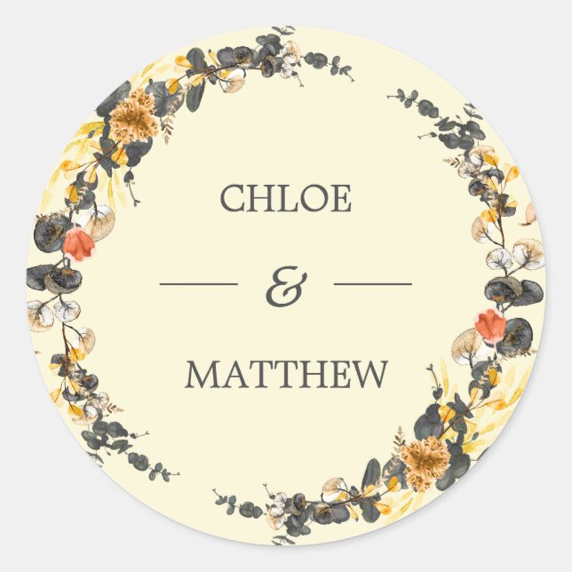 Autumn Wreath | Modern Wedding Custom Classic Round Sticker (Front)