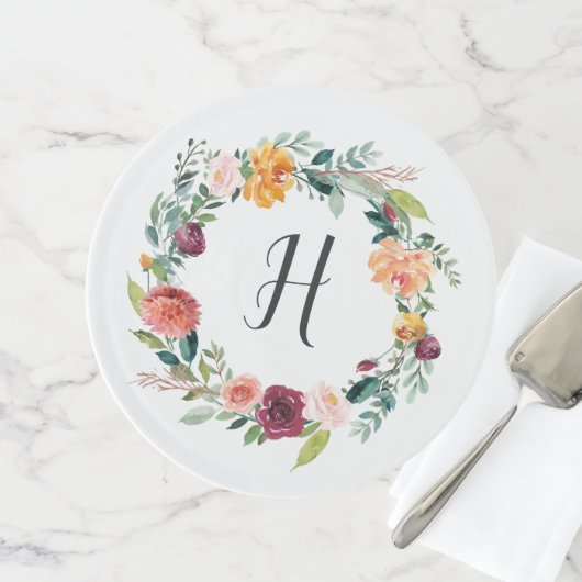 Autumn Wreath Monogram Cake Stand (Front)