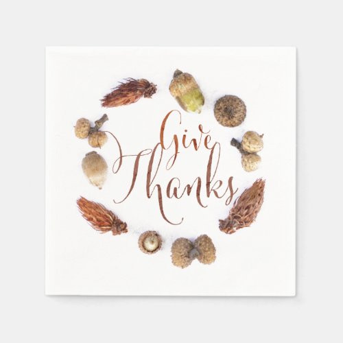 Autumn Wreath of Acorns Pinecone Give Thanks Paper Napkins