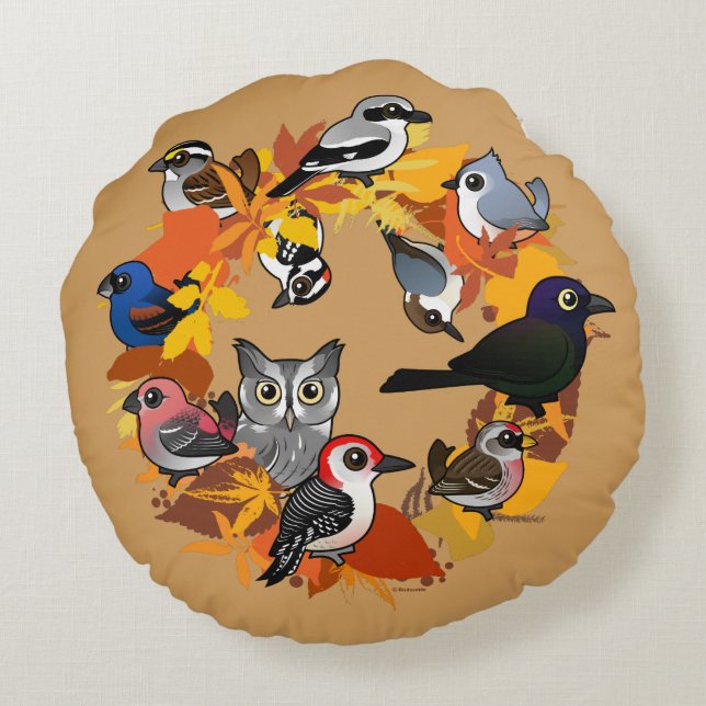 Autumn Wreath of North American Birds Round Pillow (Back)