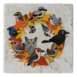 Autumn Wreath of North American Birds Travertine Stone Trivet