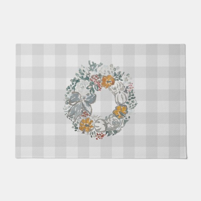 Autumn Wreath Painting Buffalo Check Pattern Gray Doormat (Front)