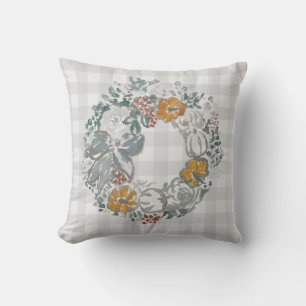Autumn Wreath Painting Gray Check Pattern Throw Pillow