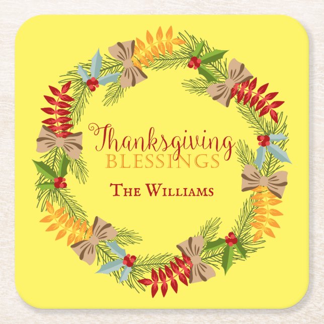 Autumn Wreath Thanksgiving Blessings Square Paper Coaster (Front)