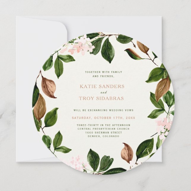 Autumn Wreath with Pretty Pink Blossoms Invitation (Front)