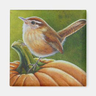 Autumn Wren Bird on Orange Pumpkin Watercolor Art Magnet