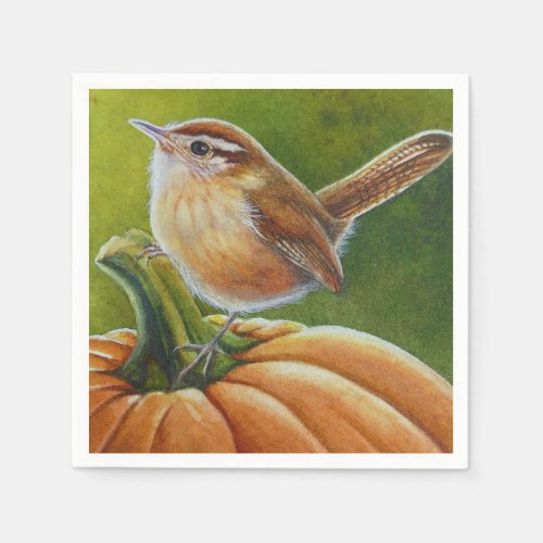 Autumn Wren Bird on Orange Pumpkin Watercolor Art Napkins