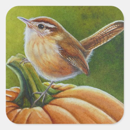 Autumn Wren Bird on Orange Pumpkin Watercolor Art Square Sticker