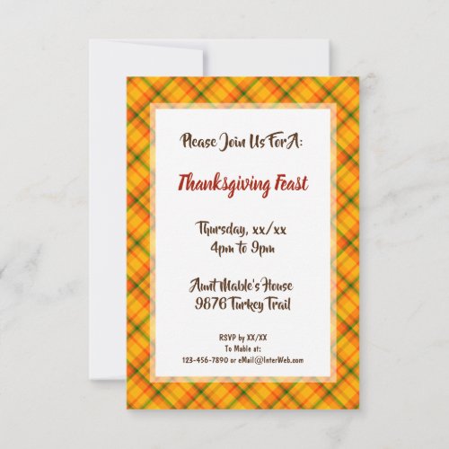 Autumn Yellow and Orange Plaid Custom Thanksgiving Invitation