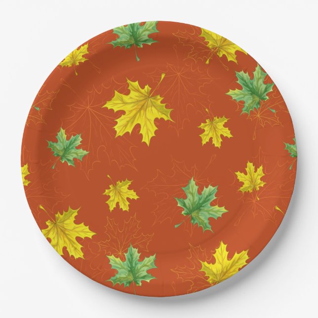 Autumn Yellow & Green Leaves Paper Plates (Front)