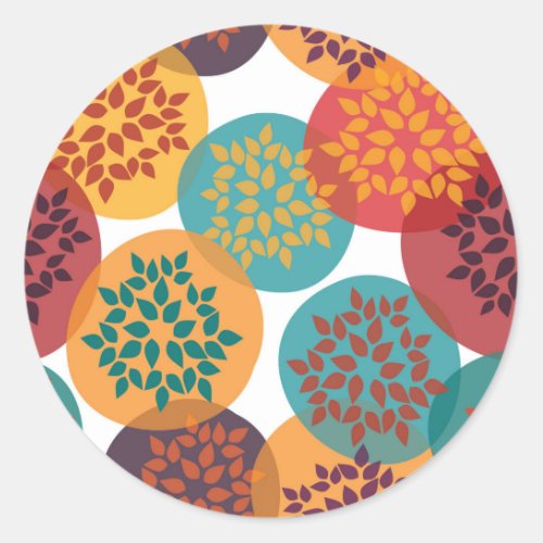 Autumn yellow green turquoise leaves pattern classic round sticker