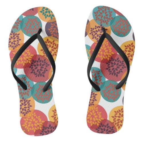 Autumn yellow green turquoise leaves pattern flip flops