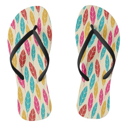 Autumn yellow green turquoise leaves pattern flip flops