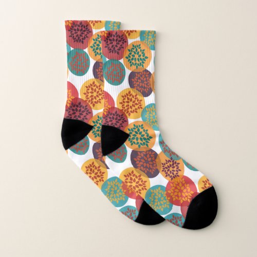 Autumn yellow green turquoise leaves pattern socks