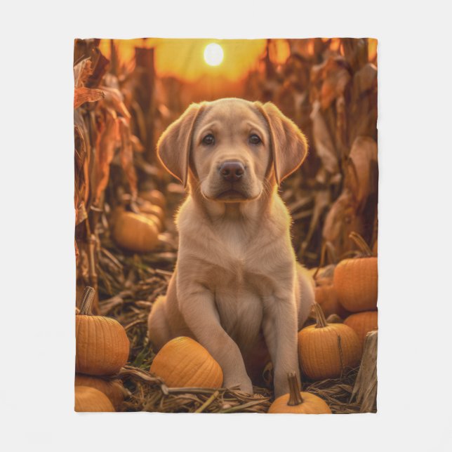 Autumn Yellow Lab Puppy – Sweet & Cozy Fleece Blanket (Front)