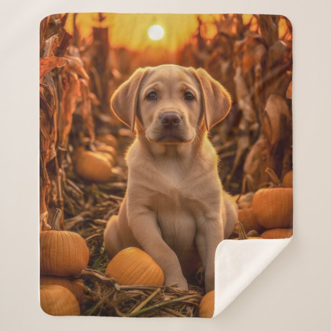 Autumn Yellow Lab Puppy – Sweet & Cozy Sherpa Blanket (Front)