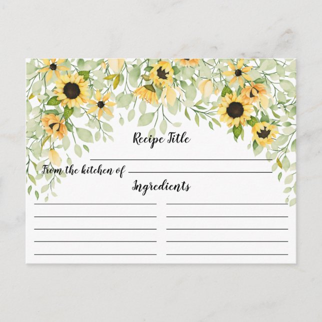 Autumn Yellow Sunflower Bridal Shower Recipe Postcard (Front)