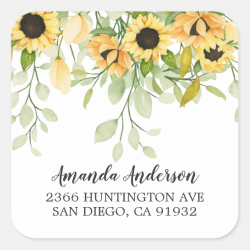 Autumn Yellow Sunflower Floral Return Address Square Sticker