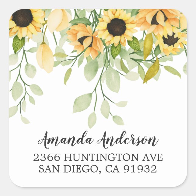 Autumn Yellow Sunflower Floral Return Address Square Sticker (Front)