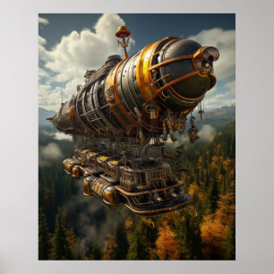 Autumnal Adventure Steampunk Zeppelin over Forest Poster