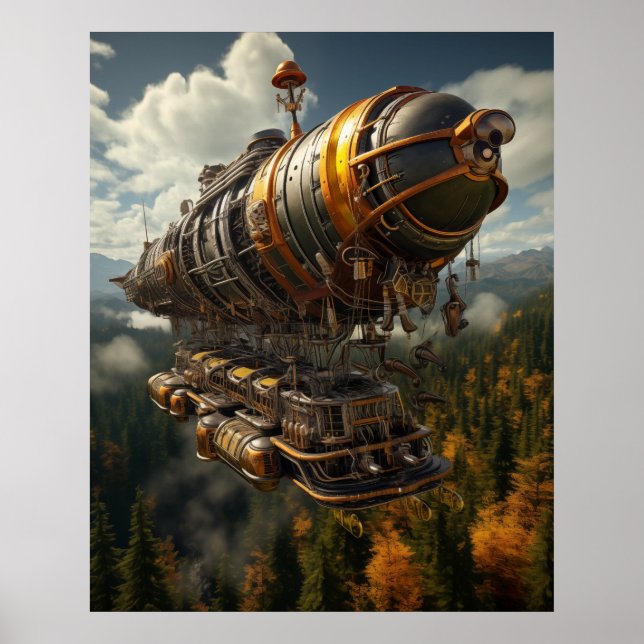 Autumnal Adventure Steampunk Zeppelin over Forest Poster (Front)