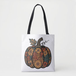 Autumnal bloom patterned pumpkin design tote bag