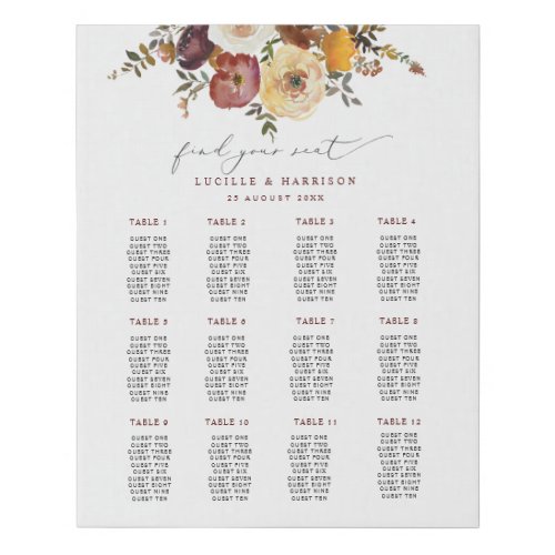 Autumnal Blooms Burgundy Wedding Seating Plan Post Faux Canvas Print