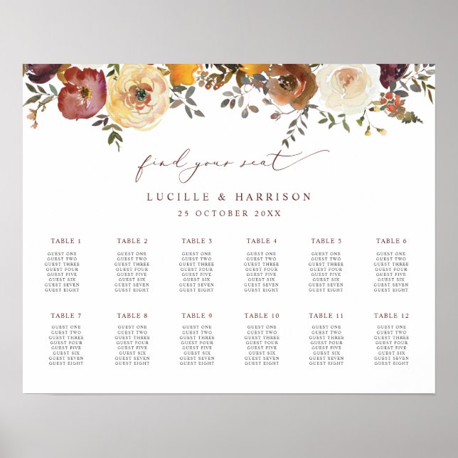 Autumnal Blooms Landscape Wedding Seating Plan Poster (Front)