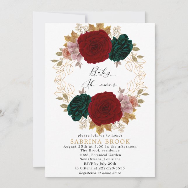 Autumnal Burgundy Emerald Greeny Baby Shower Invitation (Front)