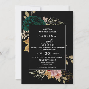 Autumnal Burgundy Emerald Greeny Black Wedding Invitation