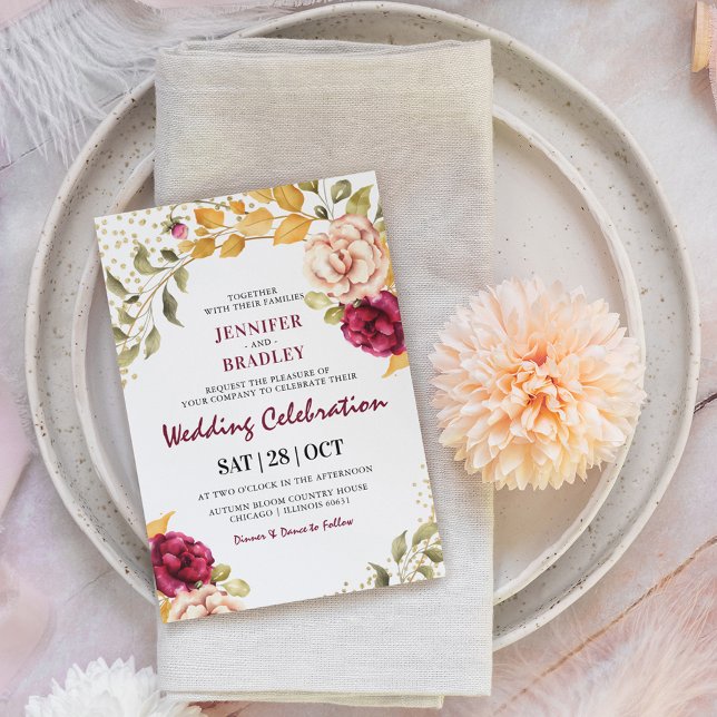 Autumnal Burgundy Floral & Gold Glitter Wedding Invitation (Creator Uploaded)