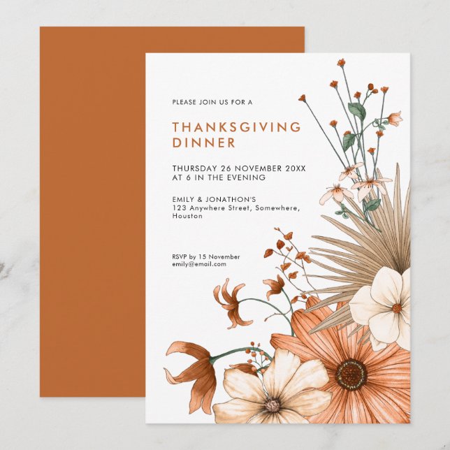 Autumnal Colors Floral Foliage Thanksgiving Dinner Invitation (Front/Back)