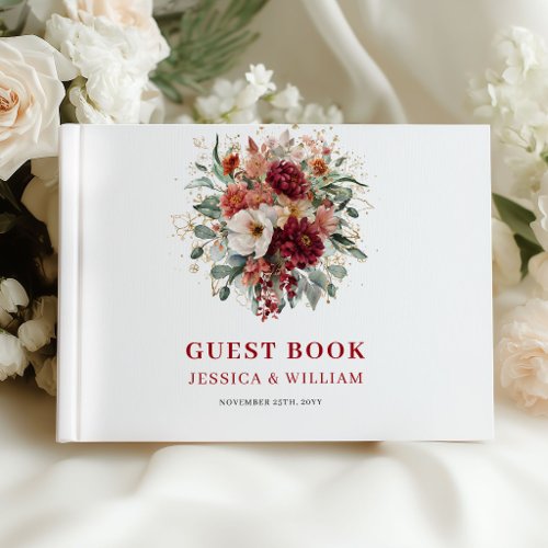Autumnal Deep Red Floral Wedding Guest Book