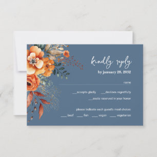 Autumnal Floral elegant wedding dusty blue RSVP Card