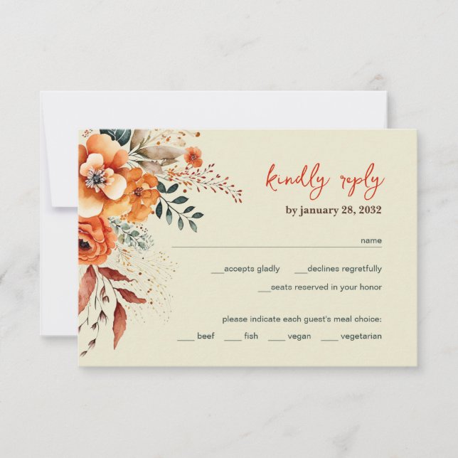 Autumnal Floral elegant wedding RSVP Card (Front)