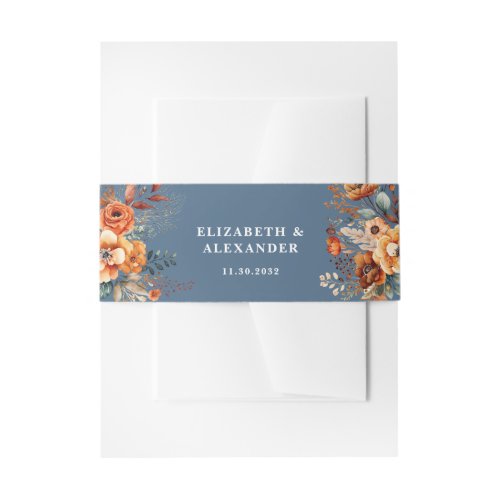 Autumnal floral names and wedding date elegant invitation belly band