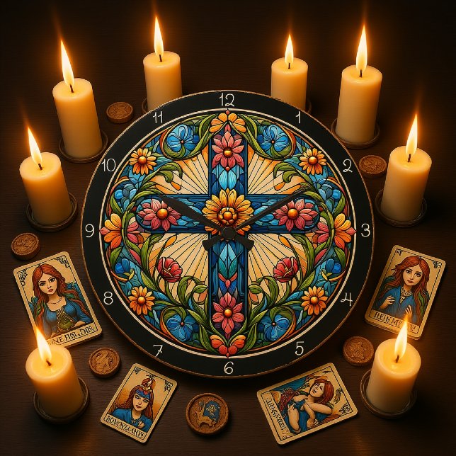 Autumnal Floral Stained Glass Cross  Large Clock (Creator Uploaded)