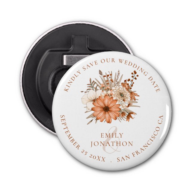 Autumnal Florals Keepsake Wedding Save The Date Bottle Opener (Front)
