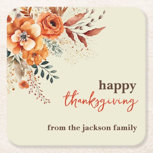 Autumnal flowers thanksgiving elegant square paper coaster