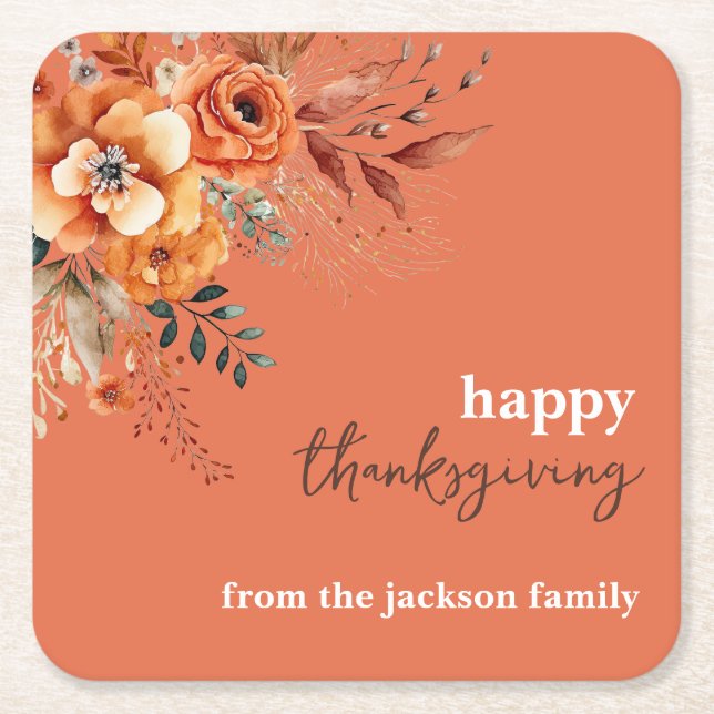 Autumnal flowers thanksgiving elegant square paper coaster (Front)