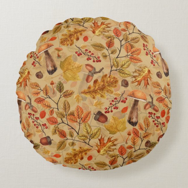 Autumnal forest on ochre round pillow (Front)