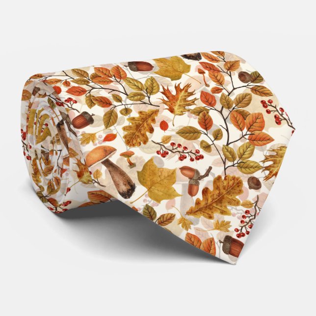 Autumnal forest on off white neck tie (Rolled)