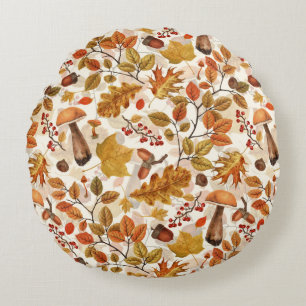 Autumnal forest on off white round pillow