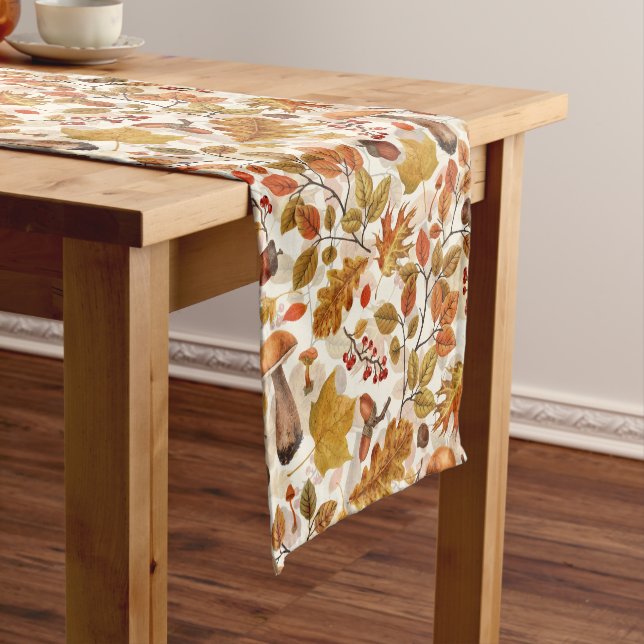 Autumnal forest on off white short table runner (In Situ)