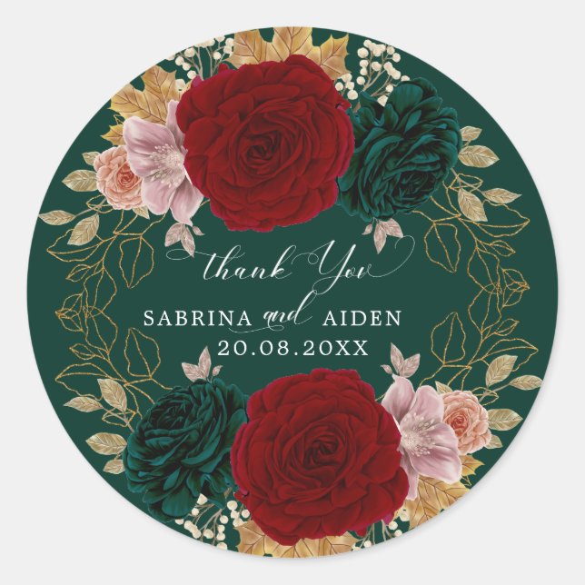 Autumnal Gold Burgundy Emerald Greeny Floral  Classic Round Sticker (Front)