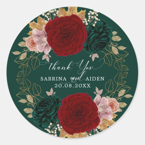 Autumnal Gold Burgundy Emerald Greeny Floral  Classic Round Sticker