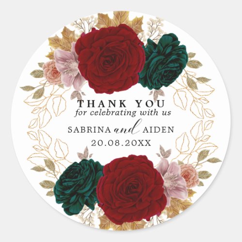 Autumnal Gold Burgundy Emerald Greeny Floral  Classic Round Sticker