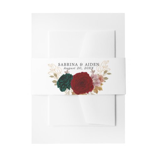 Autumnal Gold Burgundy Emerald Greeny Floral  Invitation Belly Band