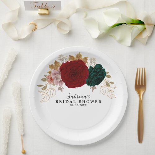 Autumnal Gold Burgundy Emerald Greeny Floral  Paper Plates